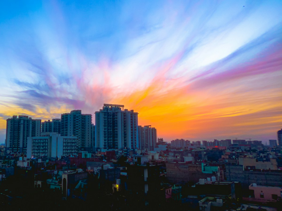 City skyline at sunset