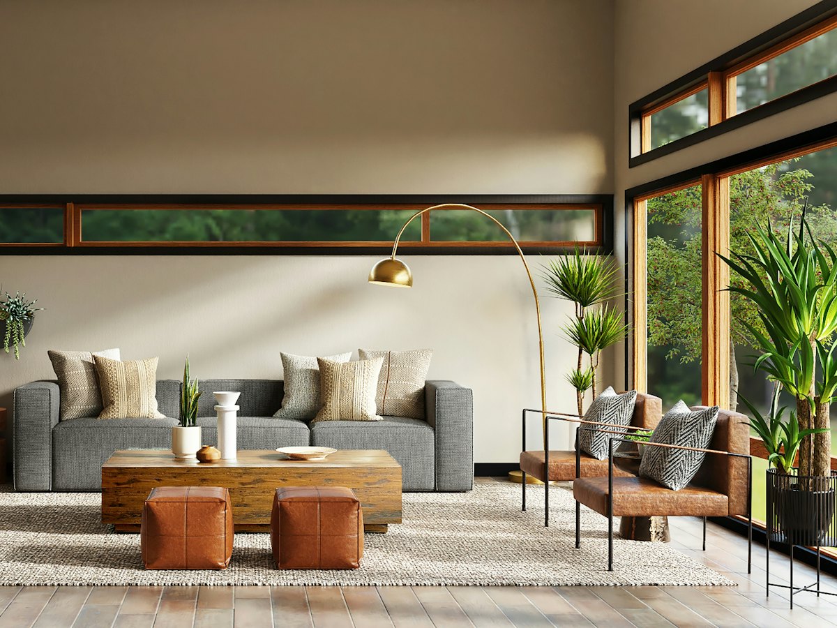 Living room with a sofa and warm lighting