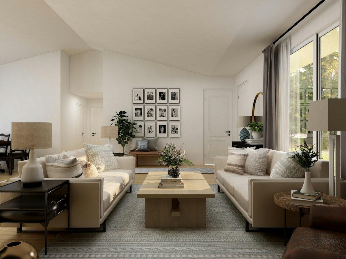 Bright living room with a white sofa