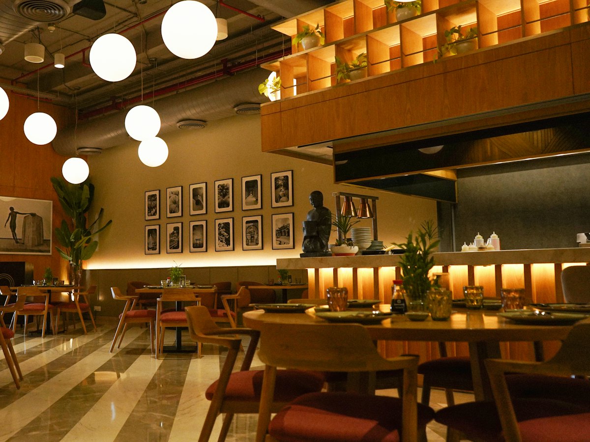 Warmly lit restaurant dining area