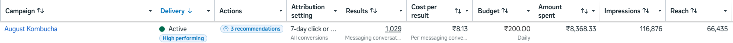 Meta Ads Manager row for this campaign: 1,029 results, ₹8.13 per conversation, ₹8,368.33 spent