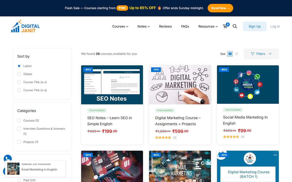 Digital Janit course catalogue with filters