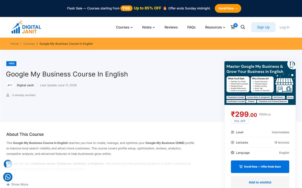 Course page with price, level, number of lectures, language and an enrol button