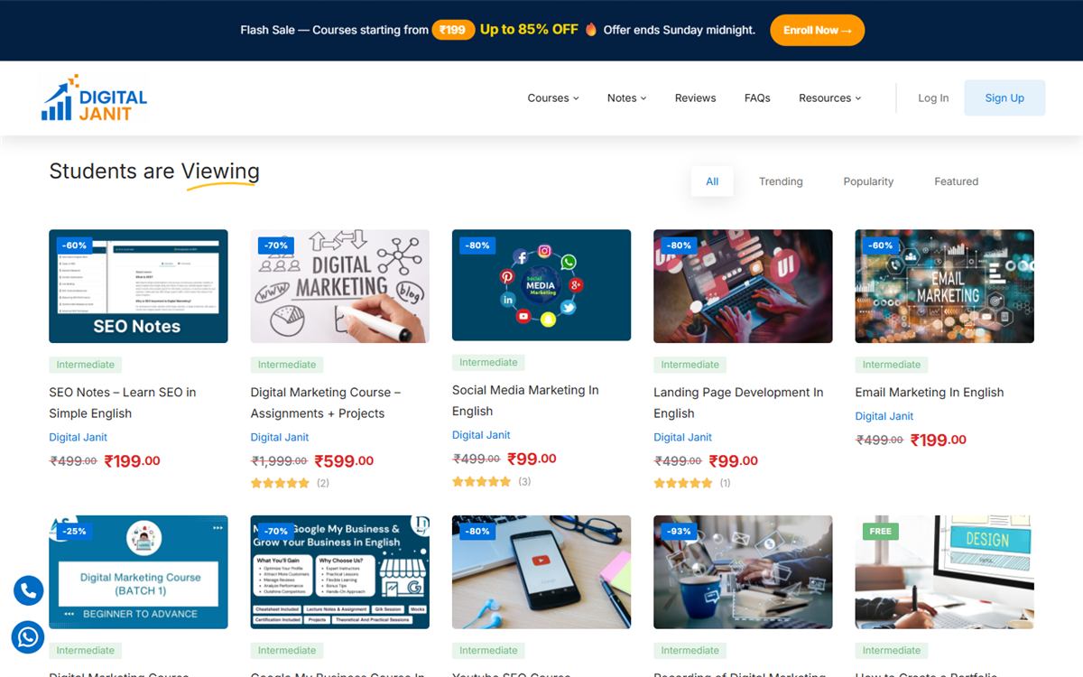 Popular courses section with discounts, ratings and prices