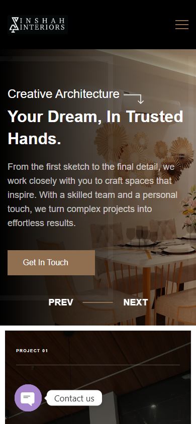 Inshah Interiors website on a phone