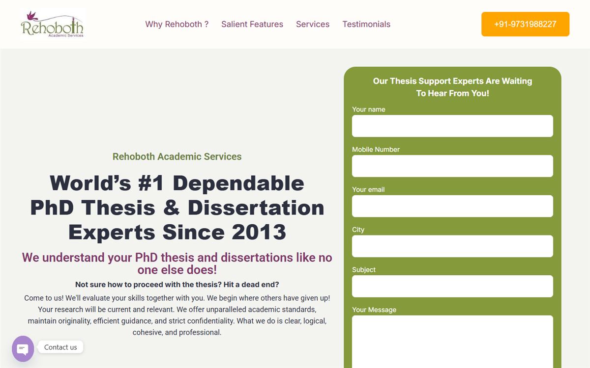 Thesis writing landing page built for Rehoboth Academic Services