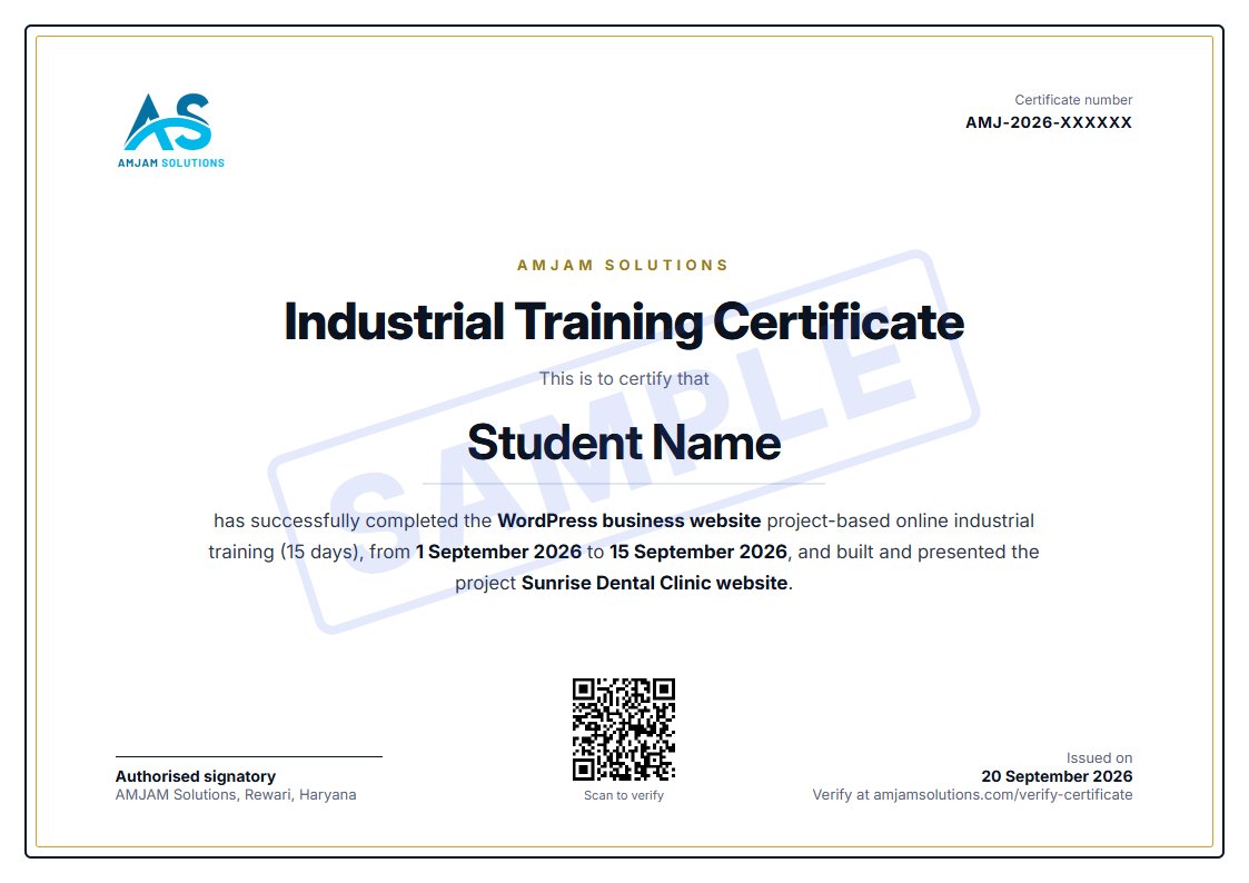Sample AMJAM Solutions certificate, marked SAMPLE. The certificate number is at the top right and the QR code is at the bottom centre.
